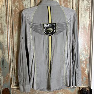 Harley Davidson Pearl Snap Shirt Women's Medium Western Embroidered Grey Biker